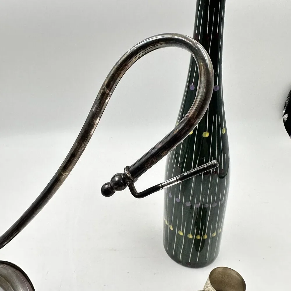Vintage Ferri Marmaca Italian Ceramic Wine Pitcher Jug Metal Silver Holder 1940s